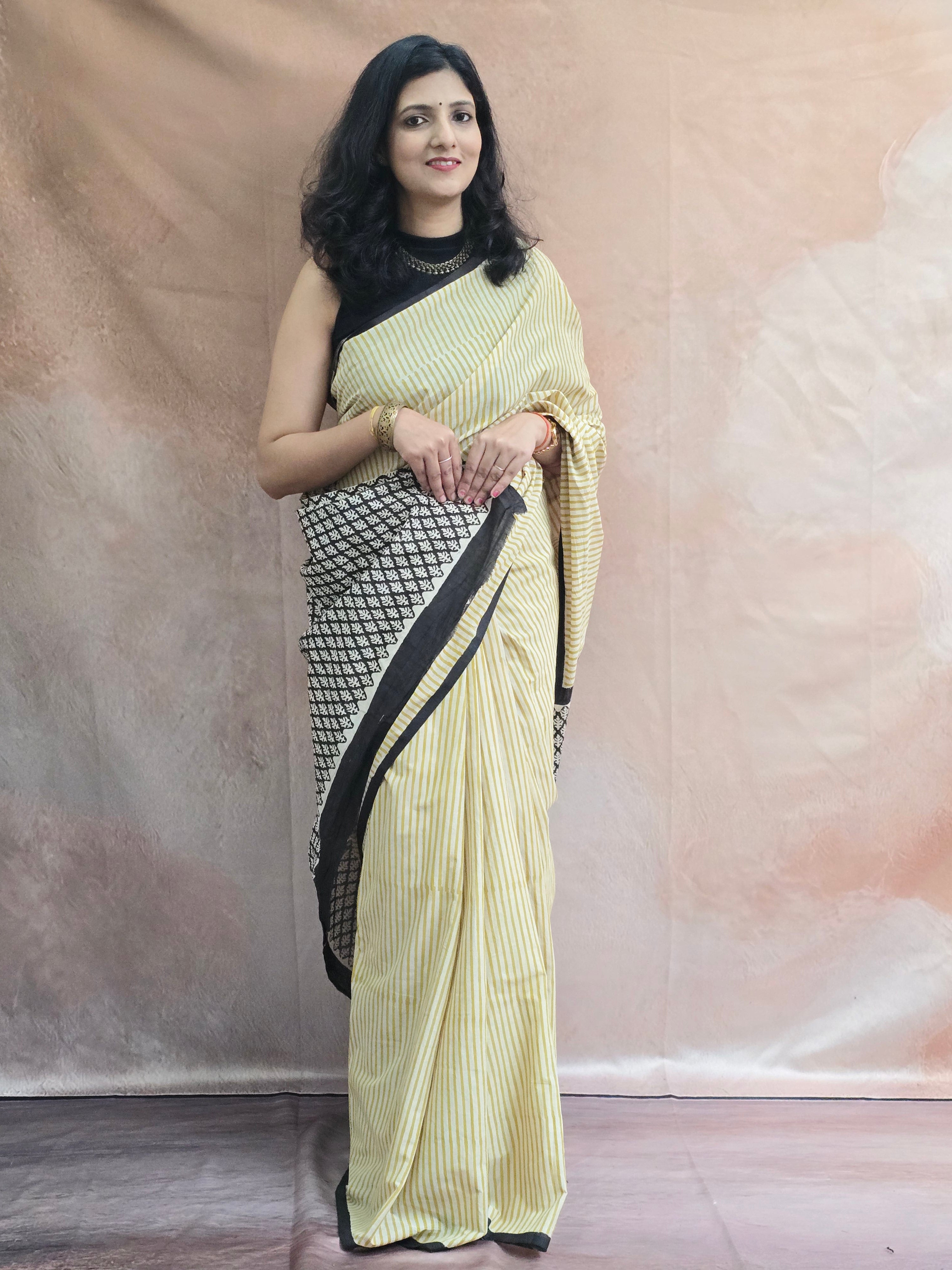 Handblock Printed Mul Cotton Saree - Yellow Stripe