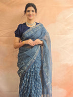 Handblock Printed Kota Doria Saree - Indigo
