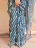 Handblock Printed Kota Doria Saree - Indigo