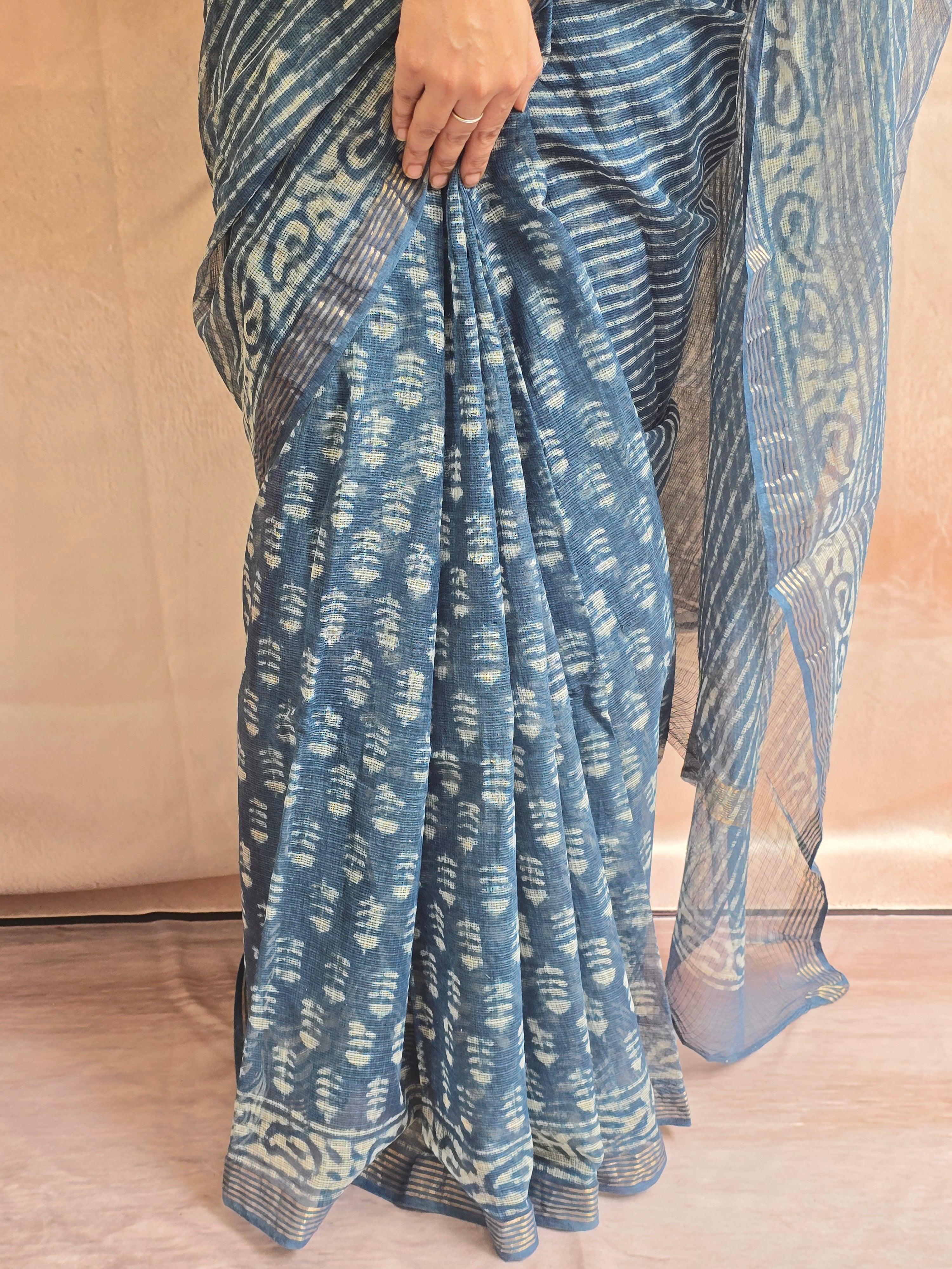 Handblock Printed Kota Doria Saree - Indigo
