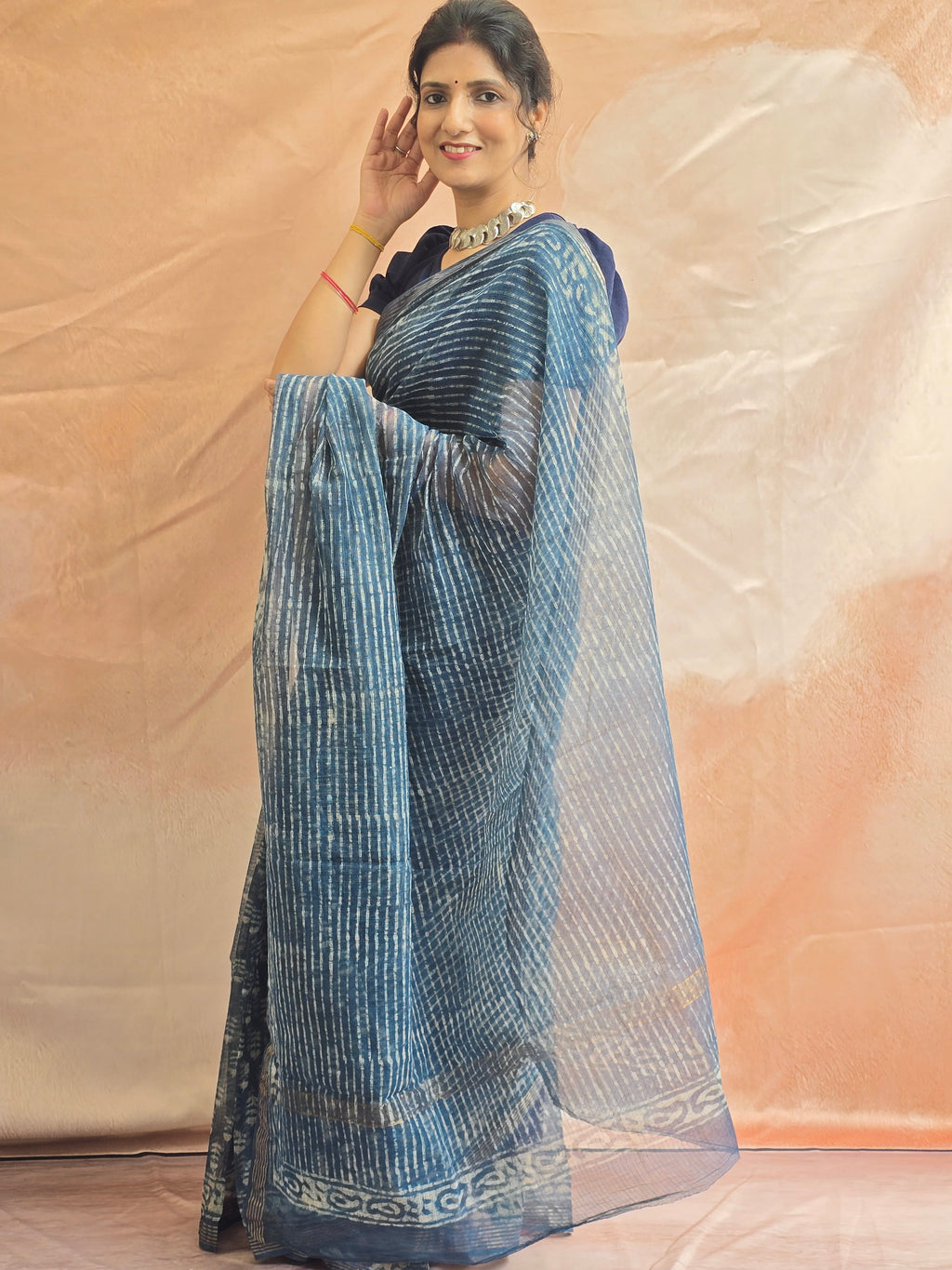 Handblock Printed Kota Doria Saree - Indigo