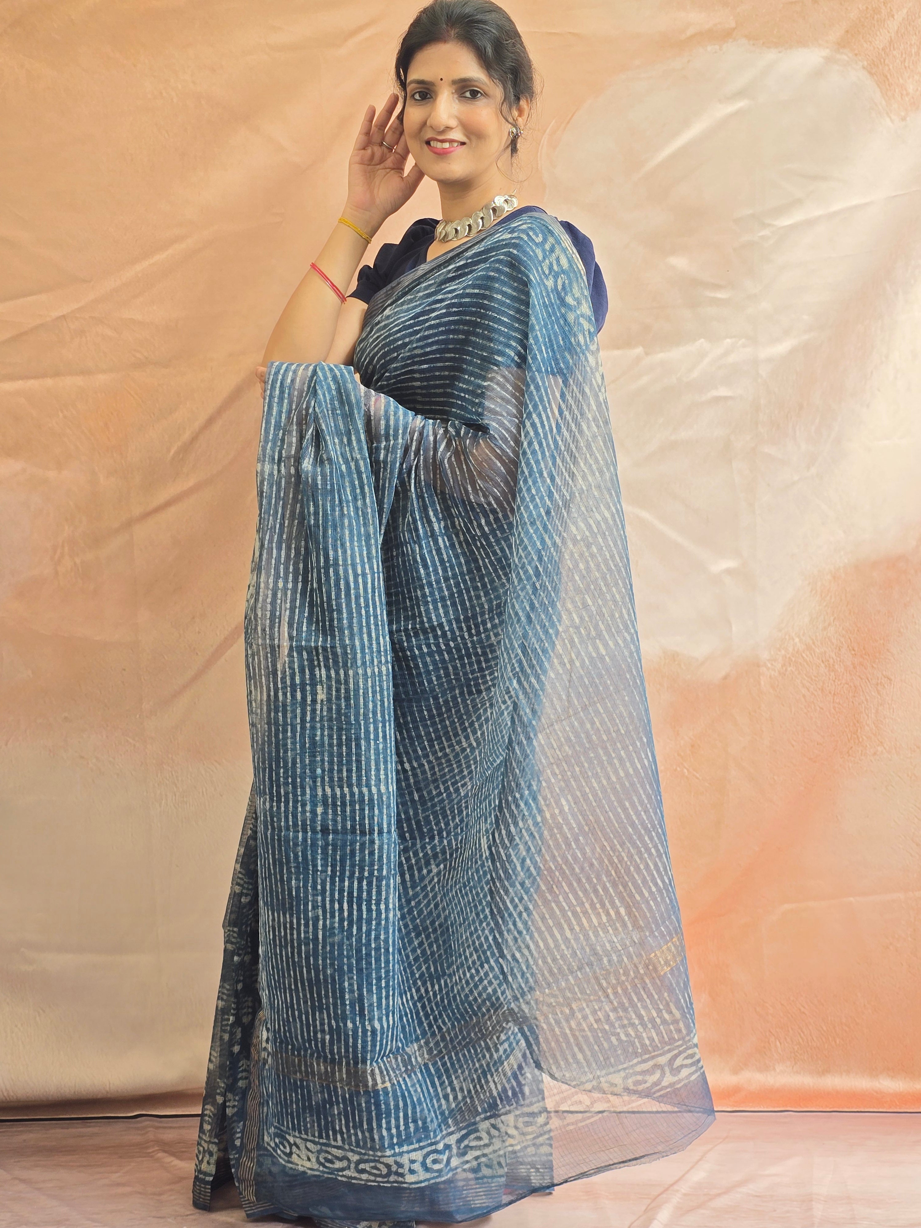 Handblock Printed Kota Doria Saree - Indigo