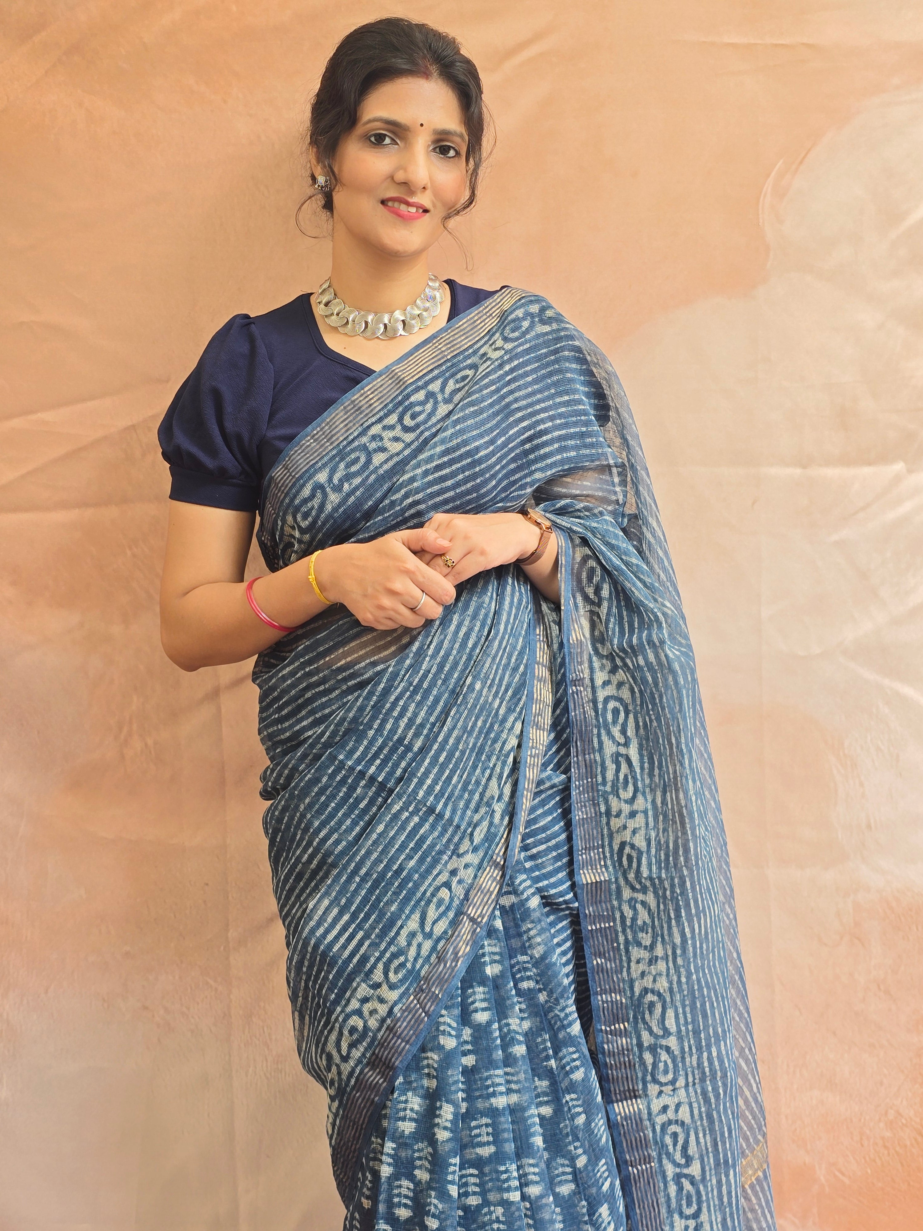 Handblock Printed Kota Doria Saree - Indigo