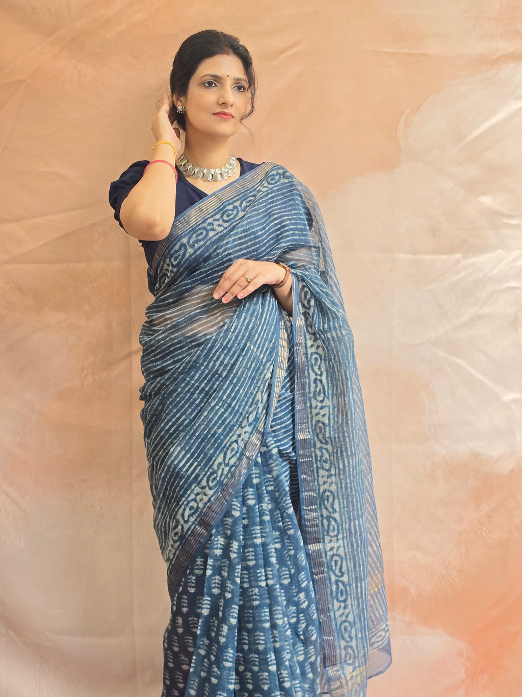 Handblock Printed Kota Doria Saree - Indigo