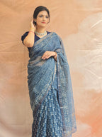 Handblock Printed Kota Doria Saree - Indigo