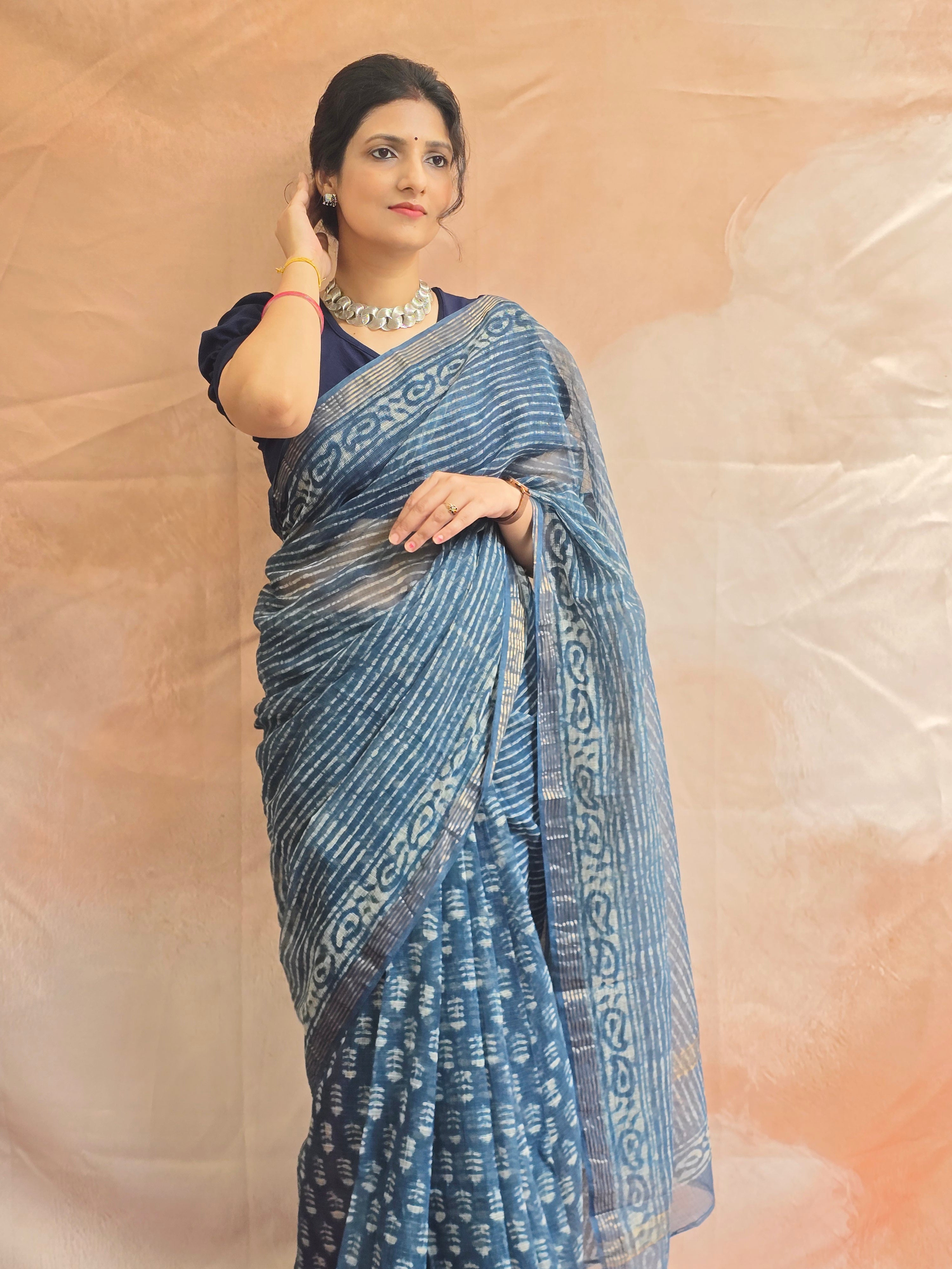 Handblock Printed Kota Doria Saree - Indigo