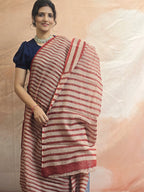 Hand block Printed Kota Doria Saree - Red Stripe