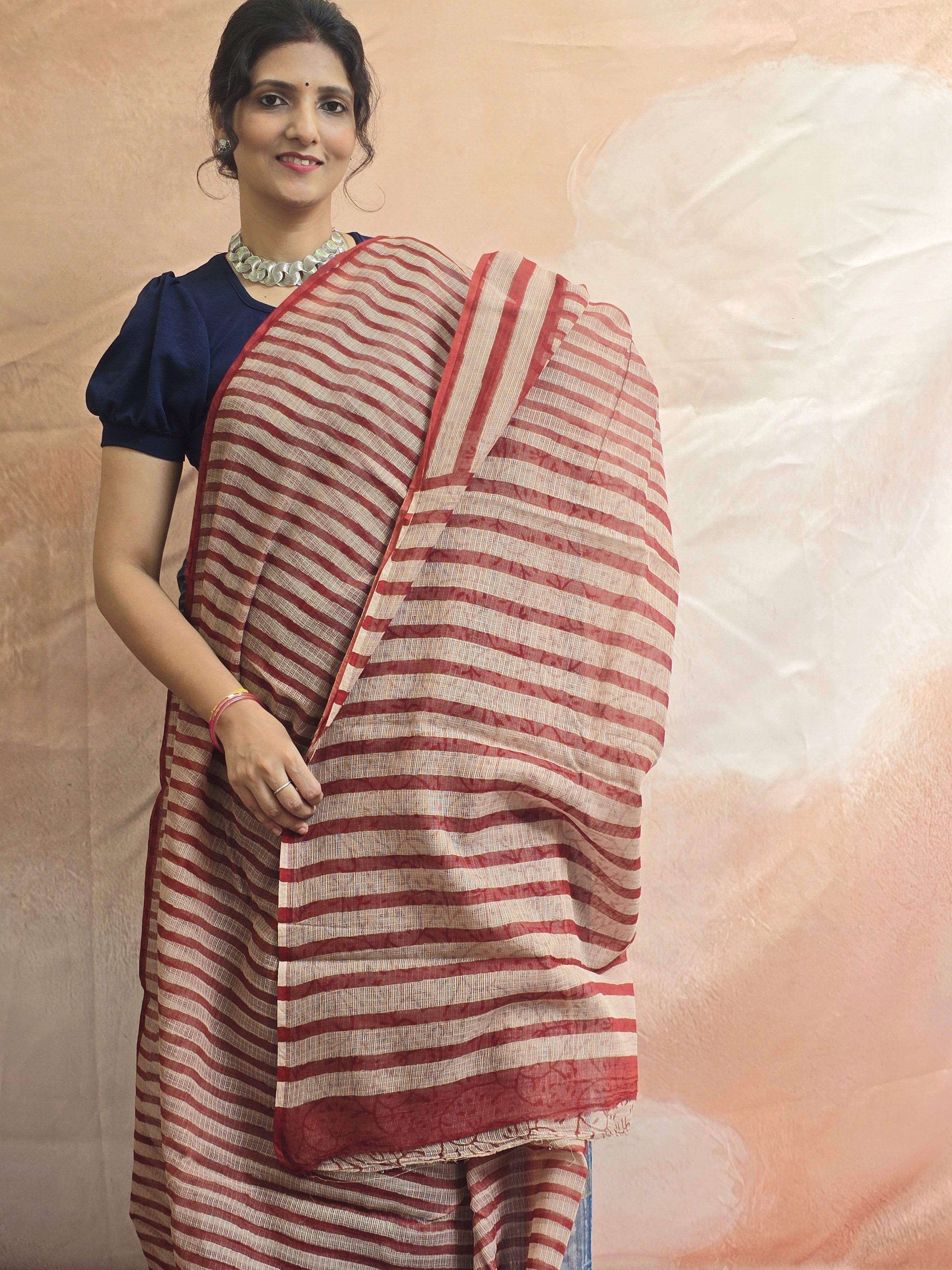 Hand block Printed Kota Doria Saree - Red Stripe