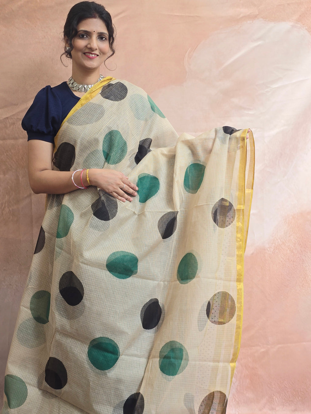 Hand block Printed Kota Doria Saree - Yellow Polka