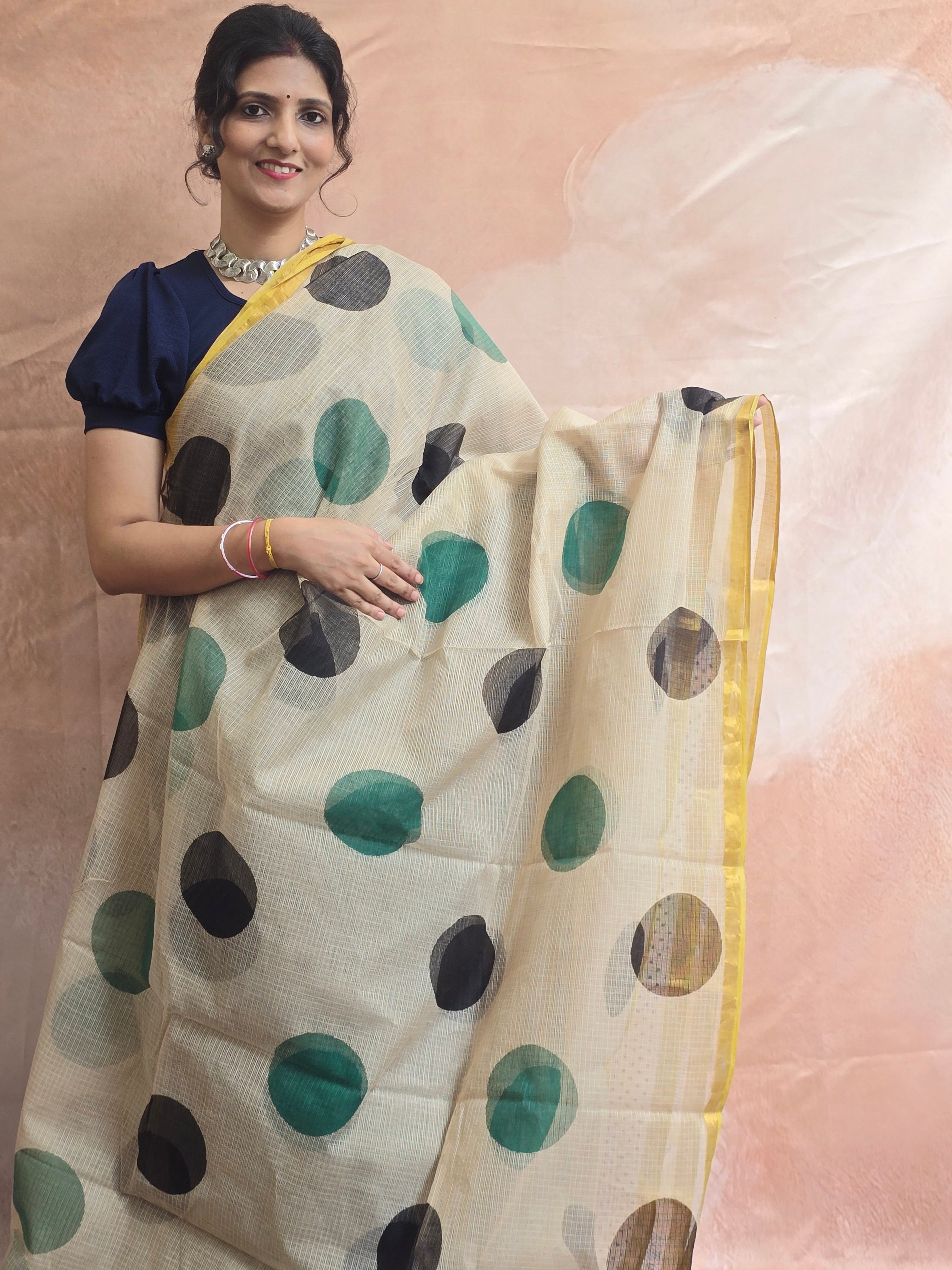 Hand block Printed Kota Doria Saree - Yellow Polka