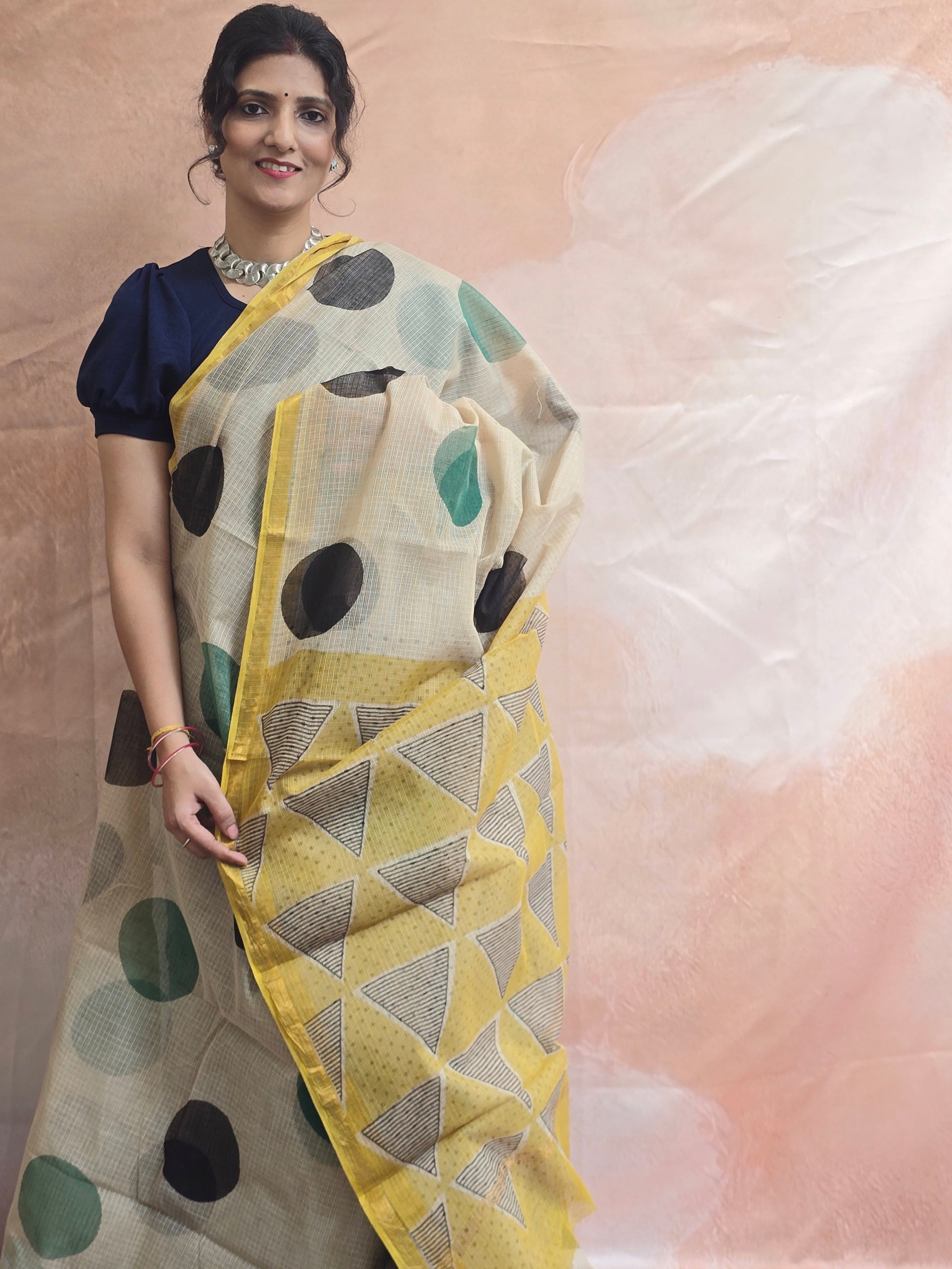 Hand block Printed Kota Doria Saree - Yellow Polka