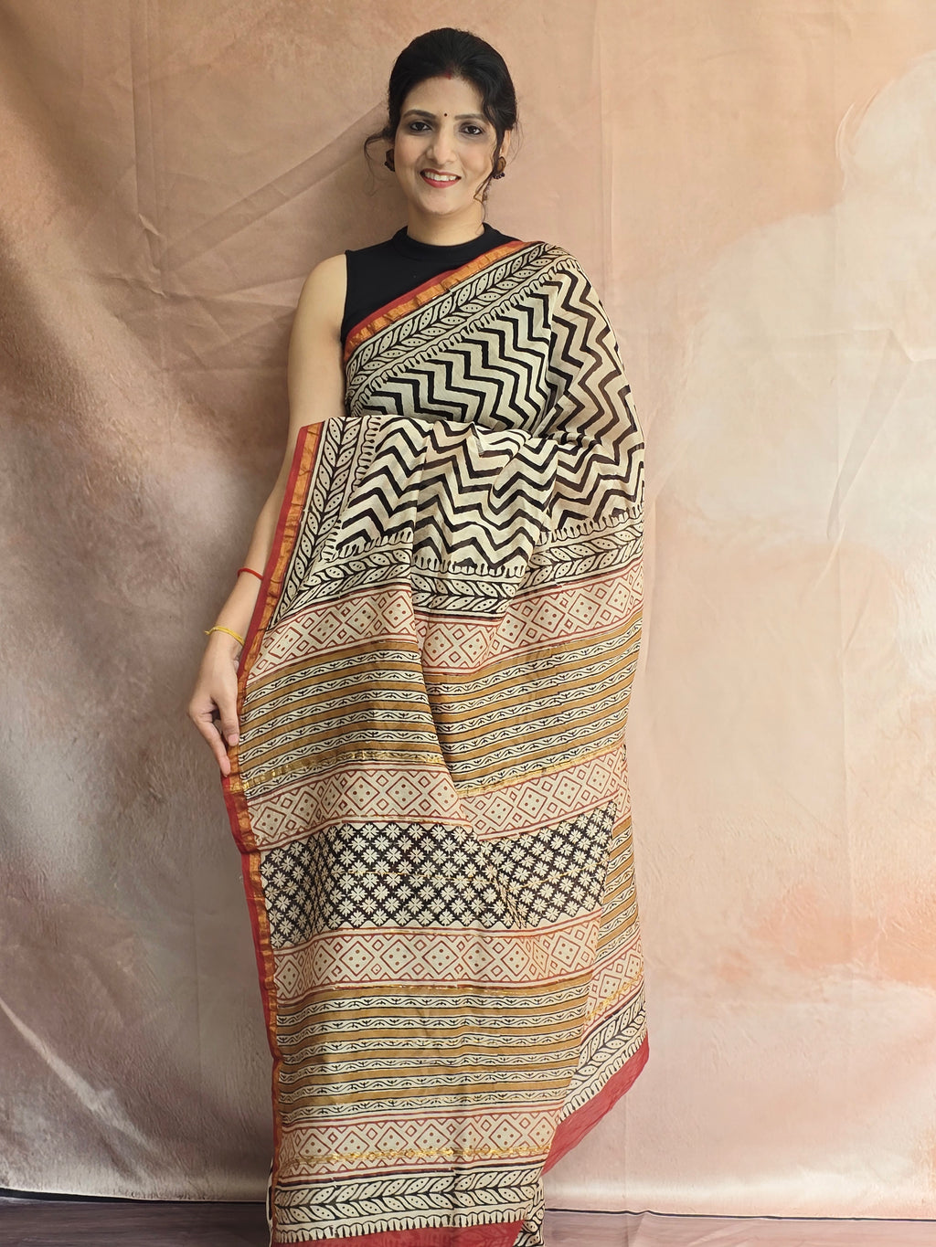 Hand block Printed Chanderi Silk Cotton Saree - Black Zig-Zag