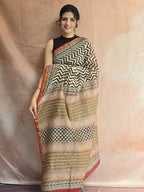 Hand block Printed Chanderi Silk Cotton Saree - Black Zig-Zag