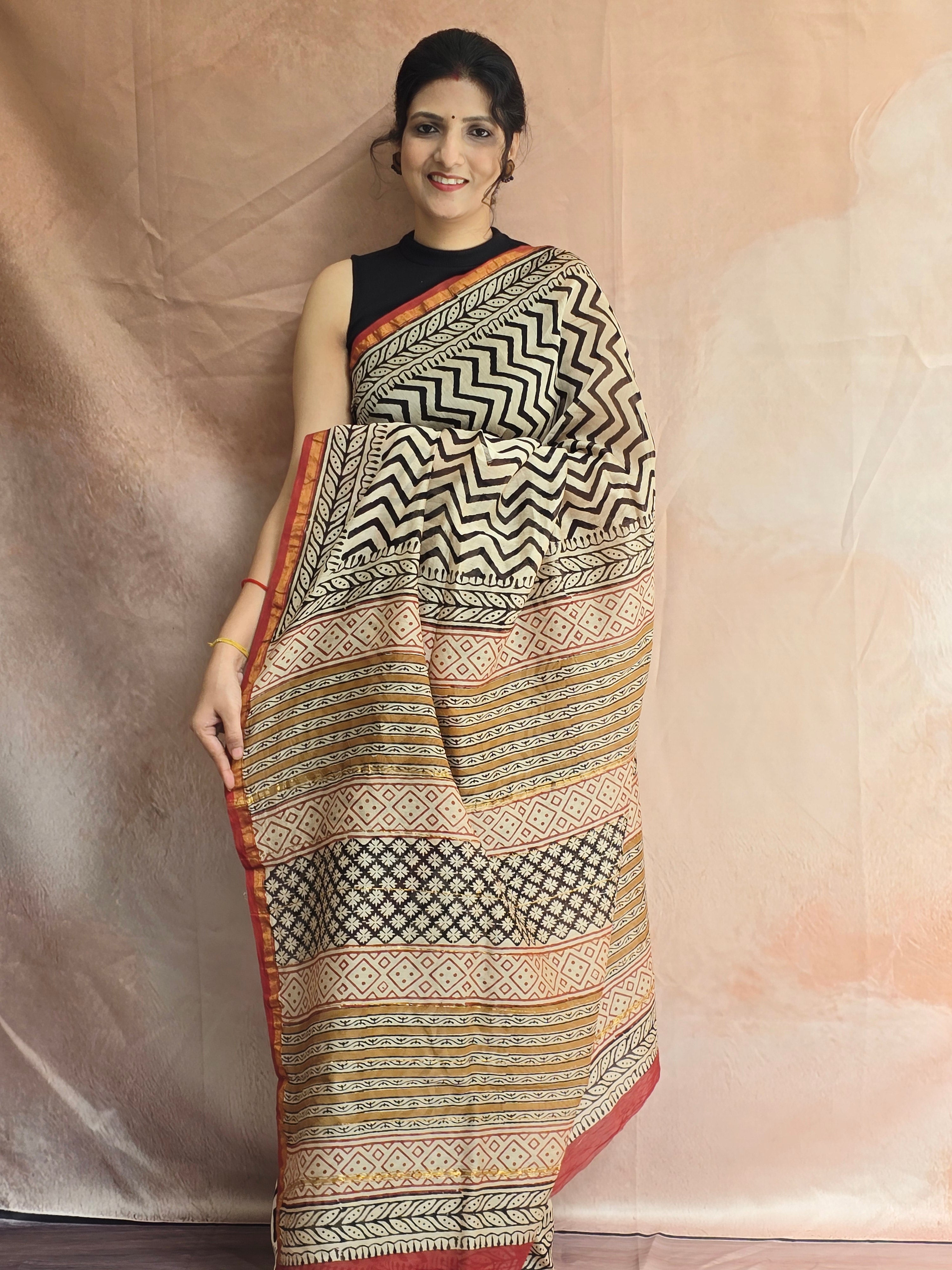 Hand block Printed Chanderi Silk Cotton Saree - Black Zig-Zag