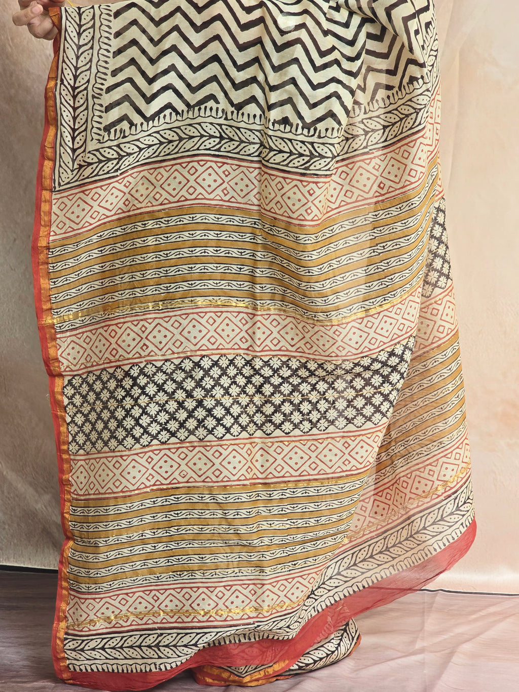 Hand block Printed Chanderi Silk Cotton Saree - Black Zig-Zag