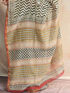 Hand block Printed Chanderi Silk Cotton Saree - Black Zig-Zag
