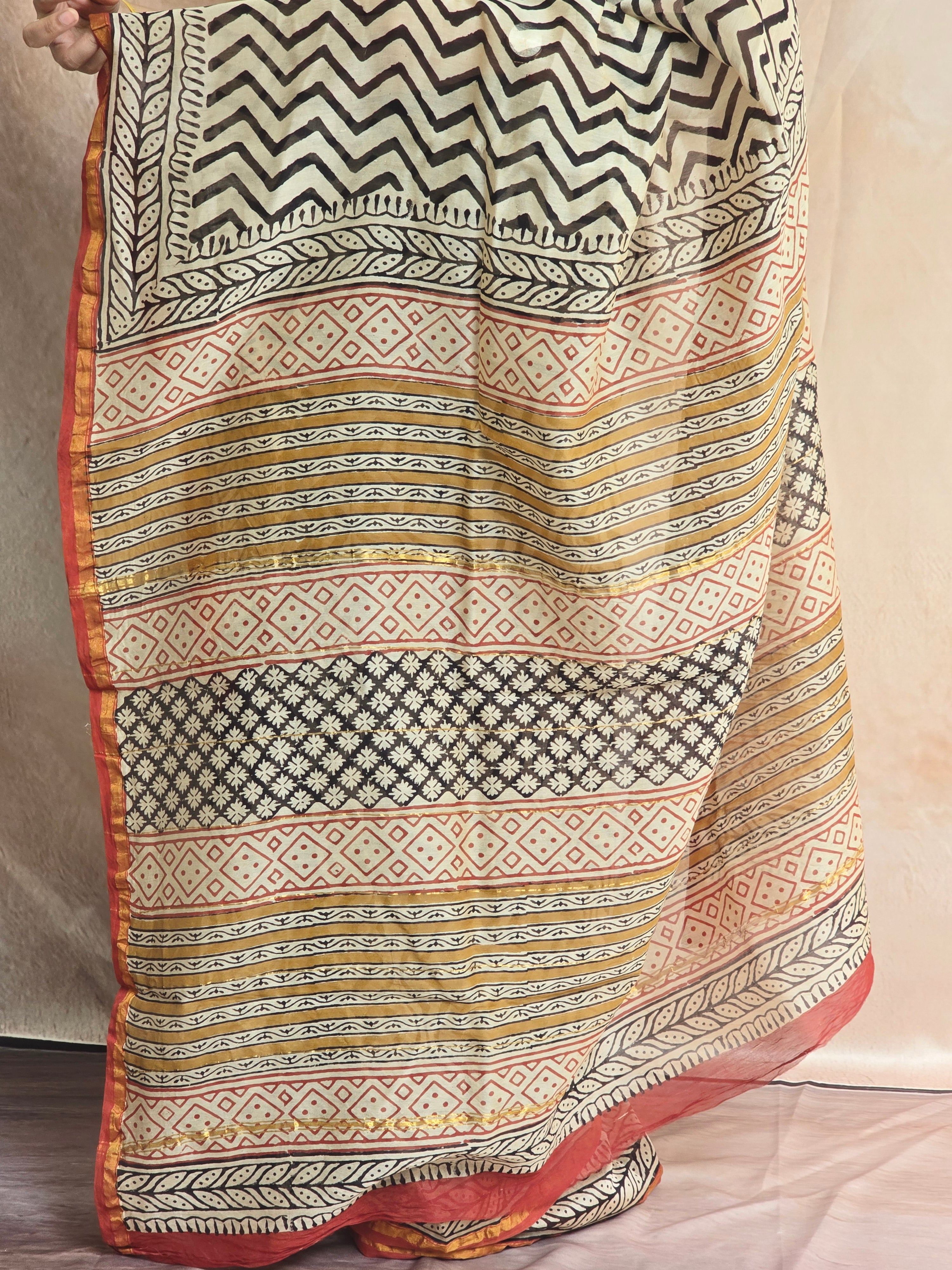 Hand block Printed Chanderi Silk Cotton Saree - Black Zig-Zag