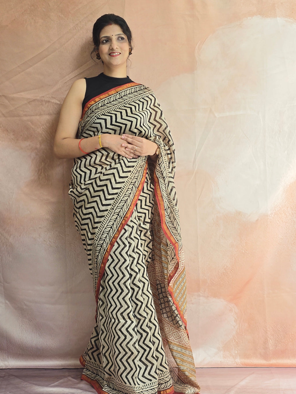 Hand block Printed Chanderi Silk Cotton Saree - Black Zig-Zag