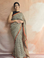Hand block Printed Chanderi Silk Cotton Saree - Black Zig-Zag