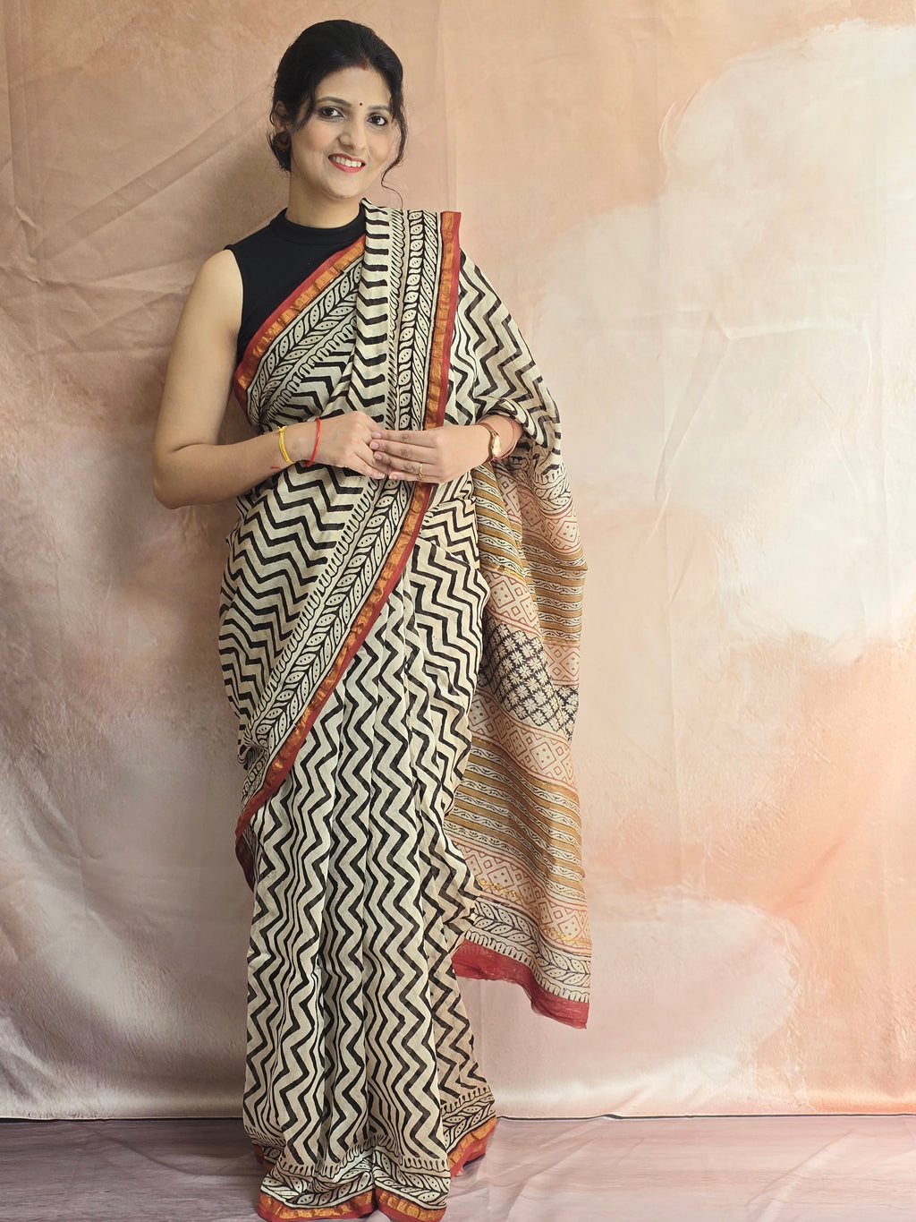 Hand block Printed Chanderi Silk Cotton Saree - Black Zig-Zag