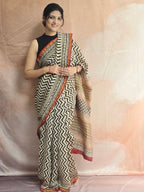 Hand block Printed Chanderi Silk Cotton Saree - Black Zig-Zag