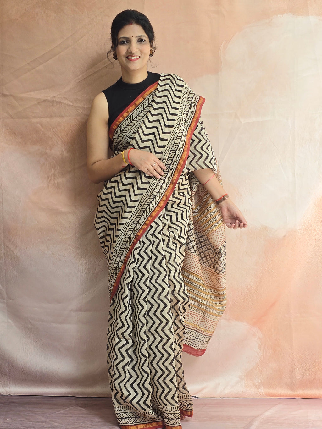 Hand block Printed Chanderi Silk Cotton Saree - Black Zig-Zag