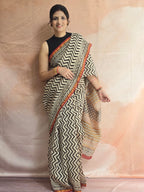 Hand block Printed Chanderi Silk Cotton Saree - Black Zig-Zag