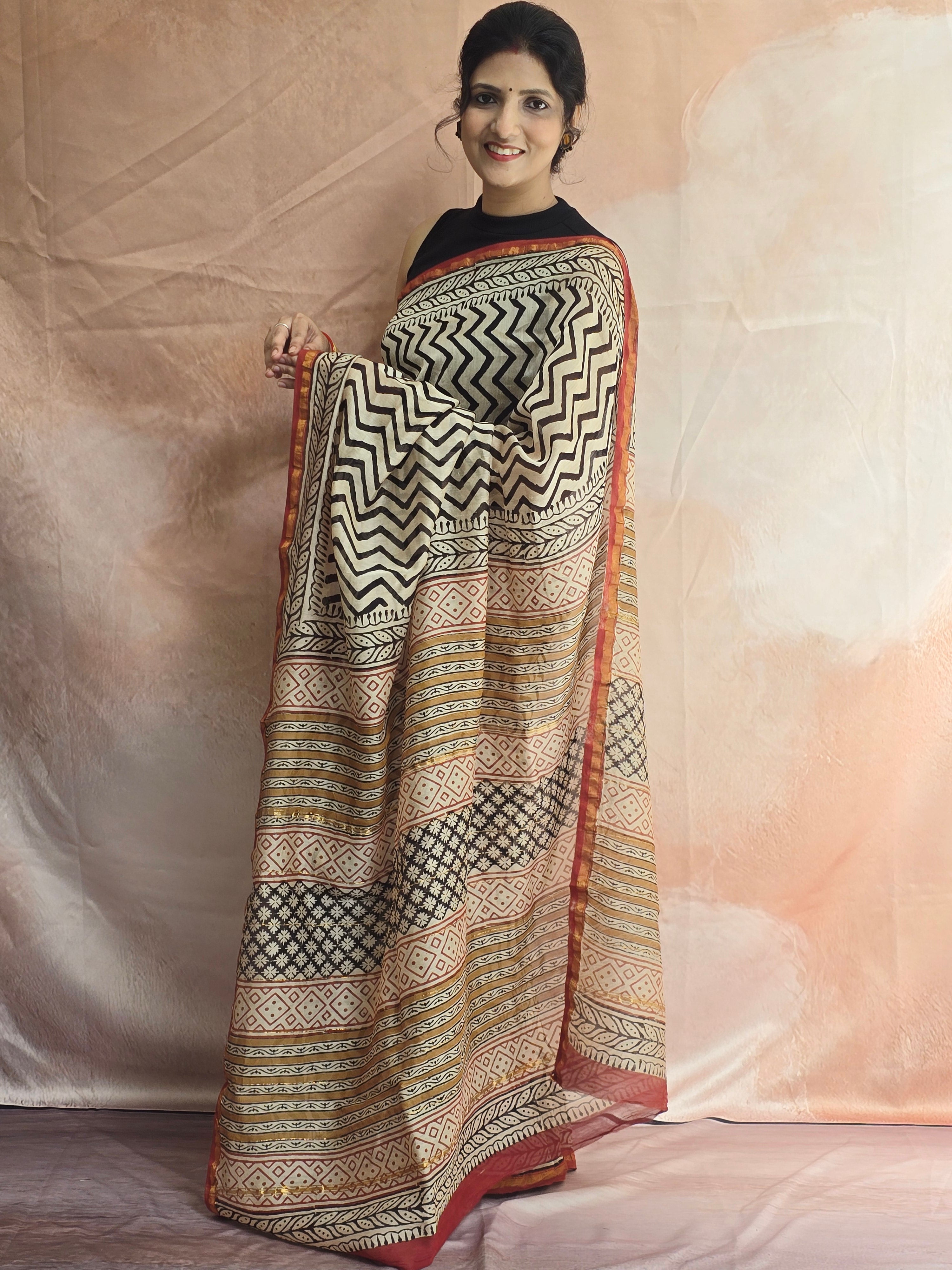 Hand block Printed Chanderi Silk Cotton Saree - Black Zig-Zag