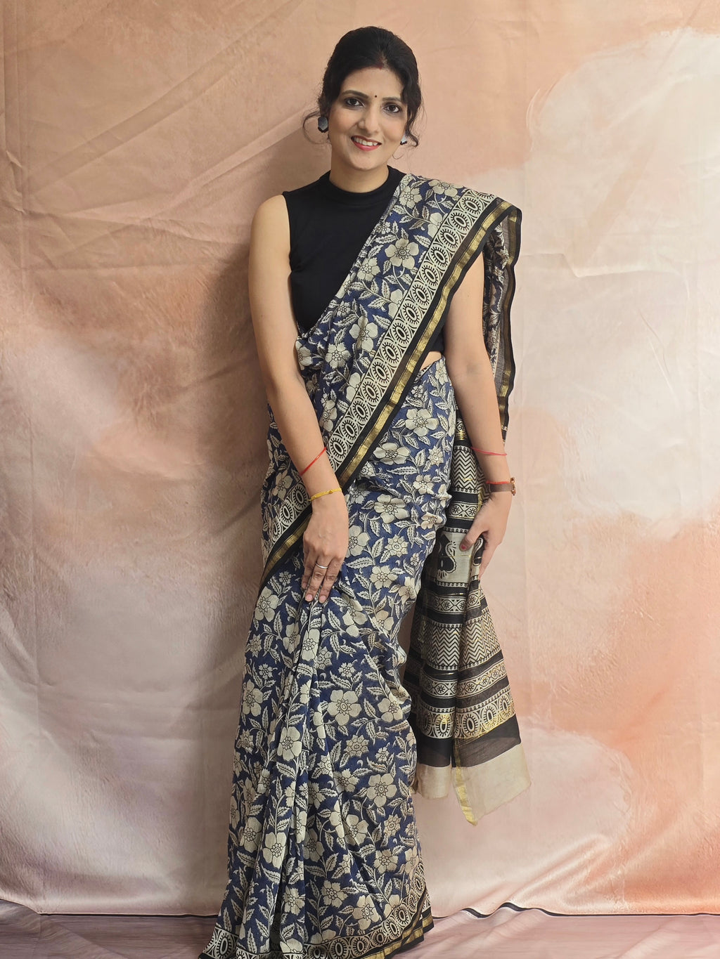 Hand block Printed Chanderi Silk Cotton Saree - Blue Floral