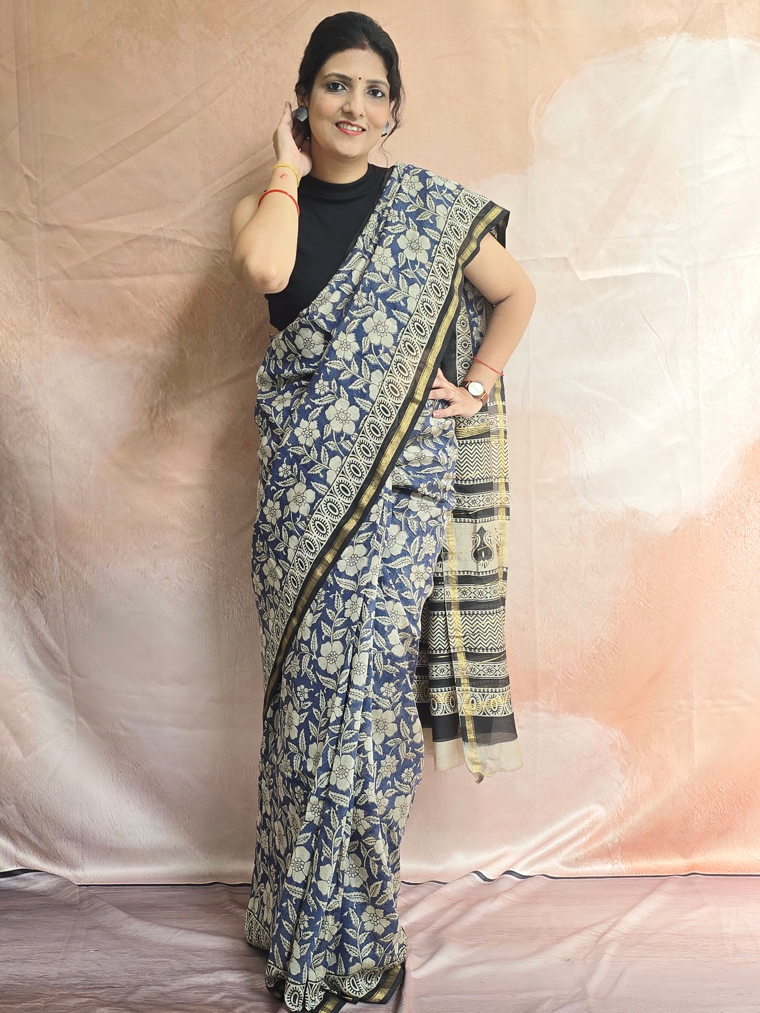 Hand block Printed Chanderi Silk Cotton Saree - Blue Floral