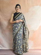 Hand block Printed Chanderi Silk Cotton Saree - Blue Floral