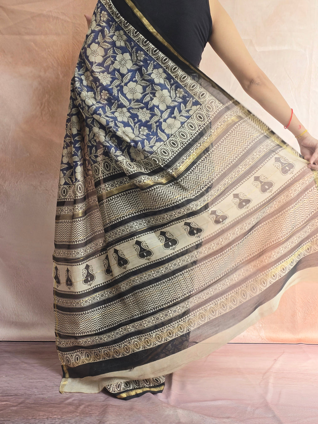 Hand block Printed Chanderi Silk Cotton Saree - Blue Floral
