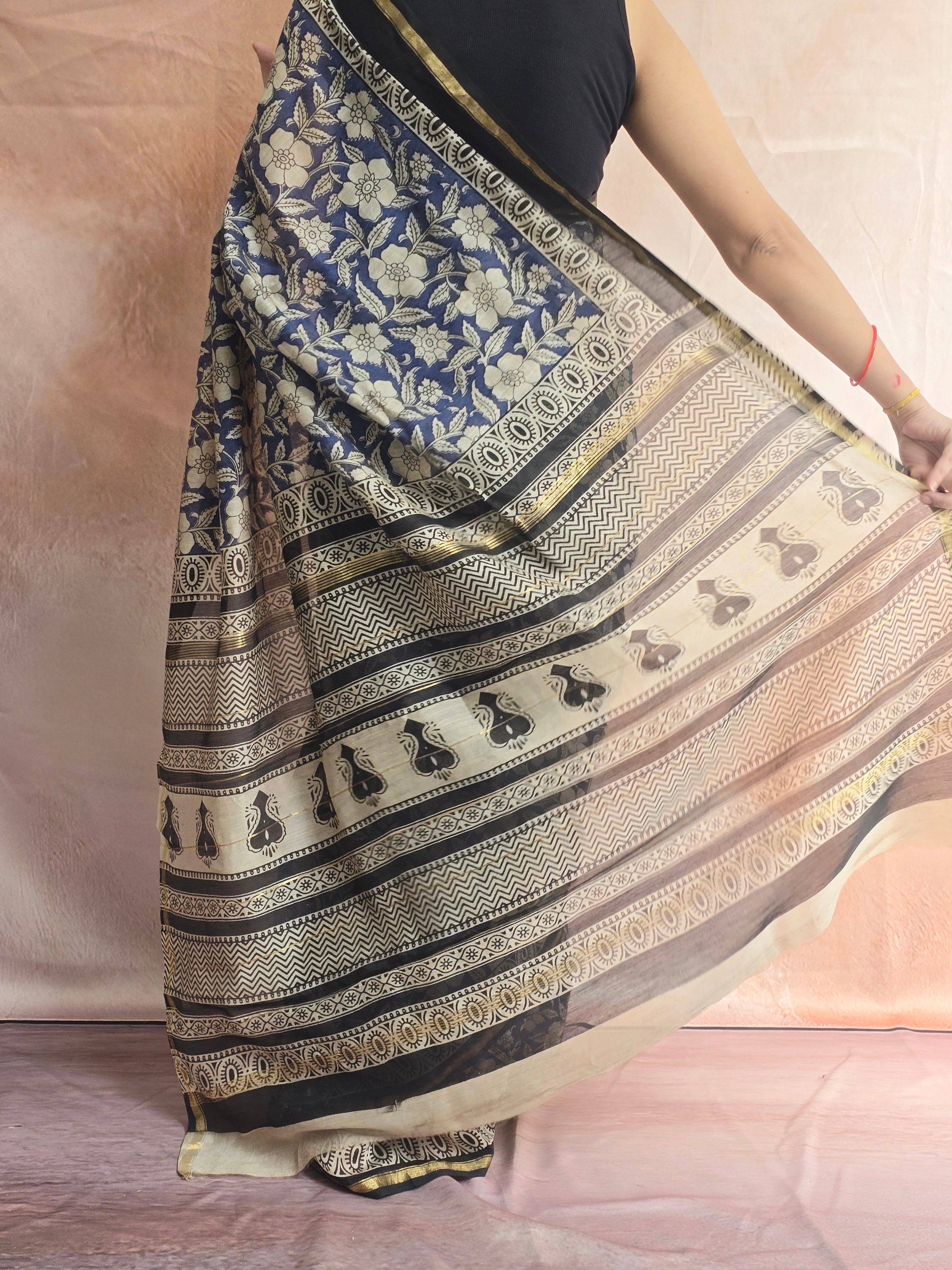 Hand block Printed Chanderi Silk Cotton Saree - Blue Floral