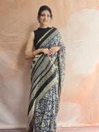 Hand block Printed Chanderi Silk Cotton Saree - Blue Floral