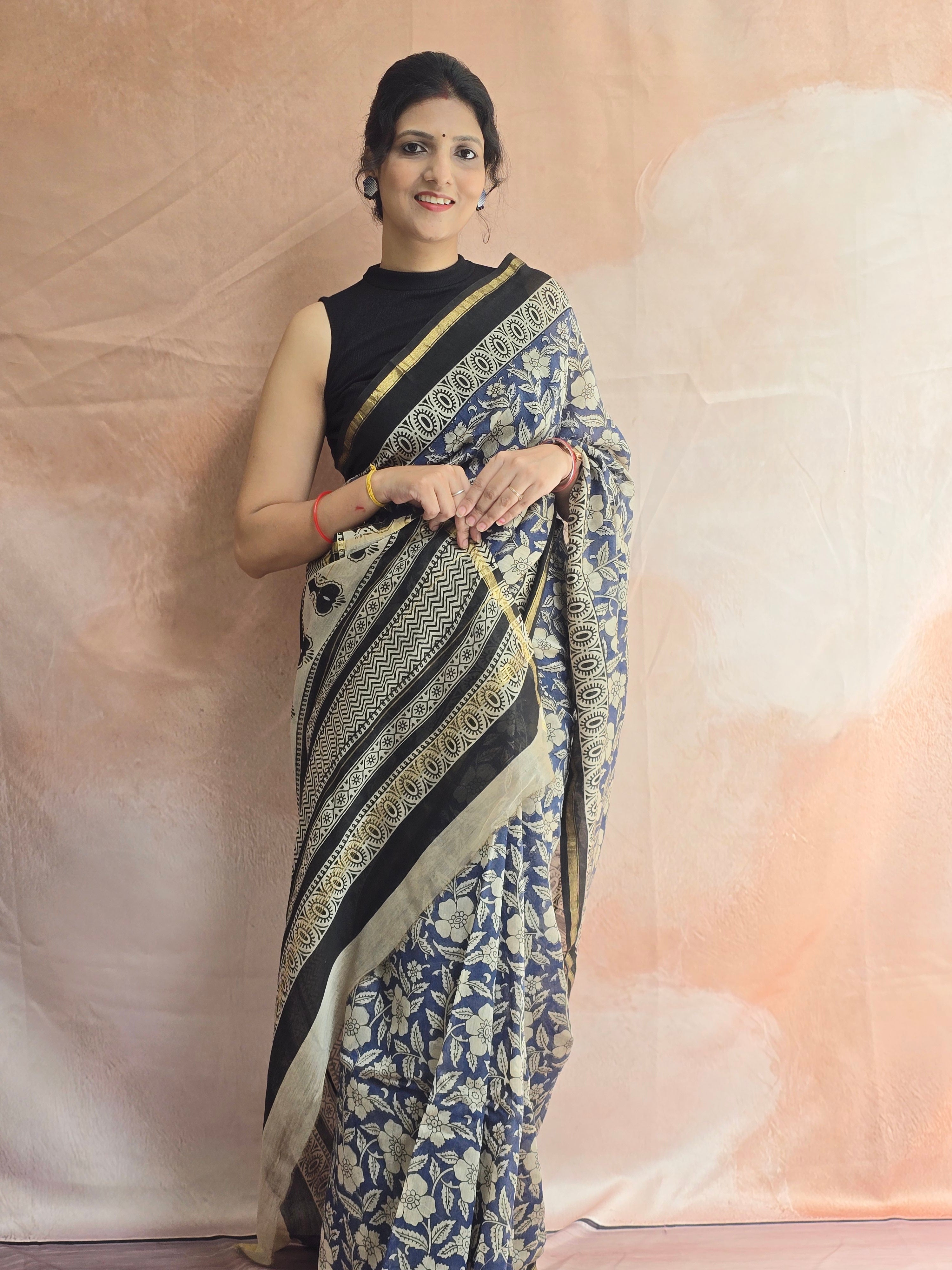 Hand block Printed Chanderi Silk Cotton Saree - Blue Floral