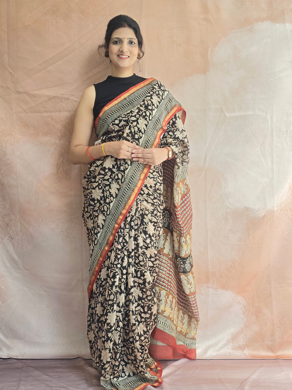 Hand block Printed Chanderi Silk Cotton Saree - Black Floral