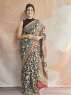 Hand block Printed Chanderi Silk Cotton Saree - Black Floral