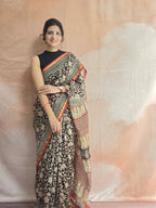 Hand block Printed Chanderi Silk Cotton Saree - Black Floral
