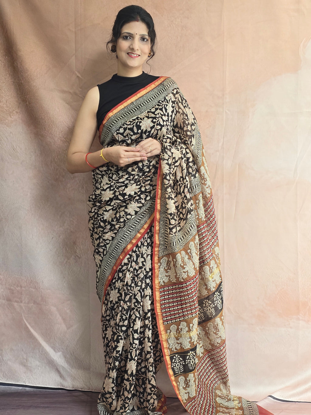 Hand block Printed Chanderi Silk Cotton Saree - Black Floral
