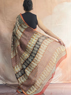 Hand block Printed Chanderi Silk Cotton Saree - Black Floral
