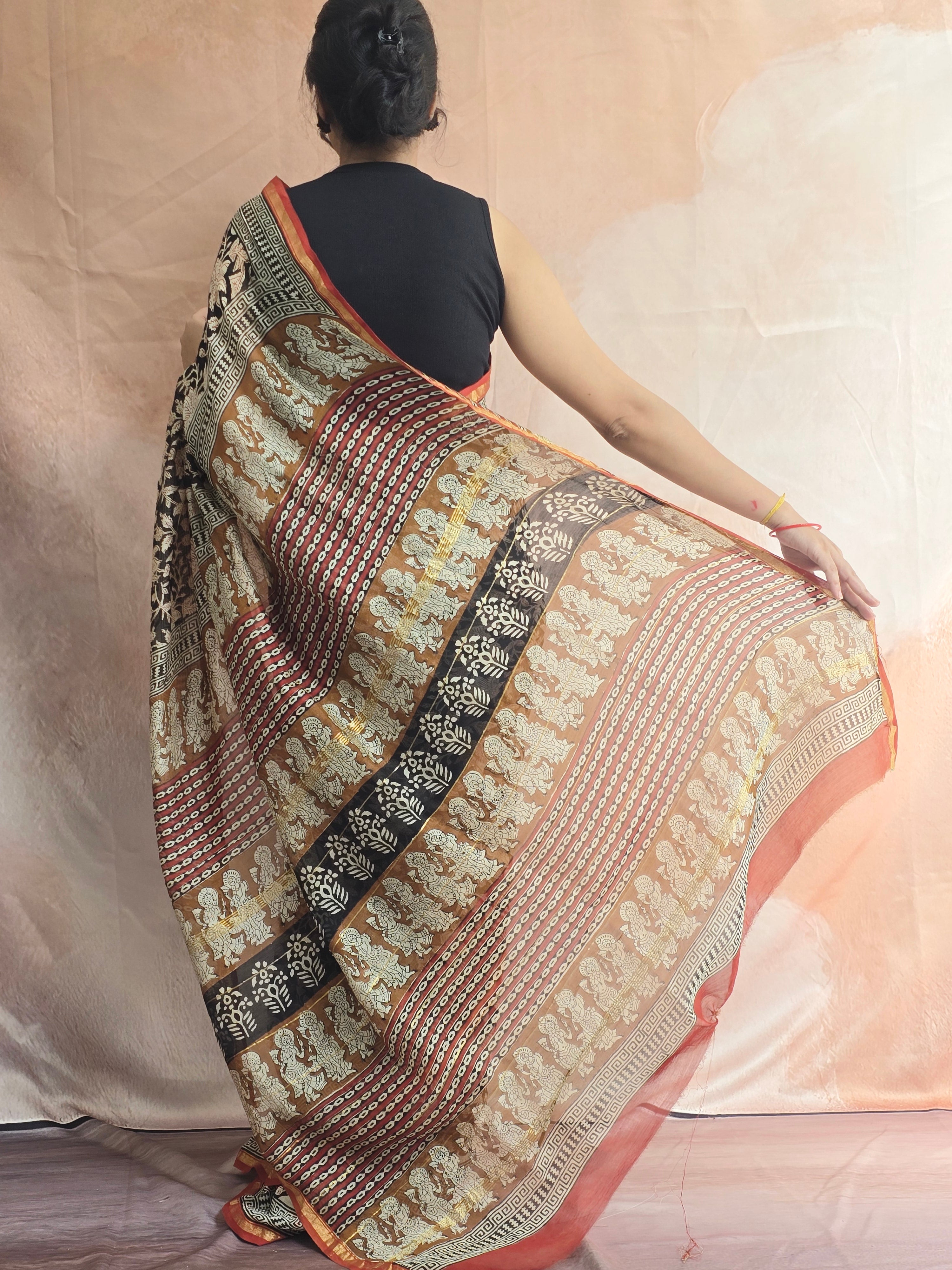 Hand block Printed Chanderi Silk Cotton Saree - Black Floral