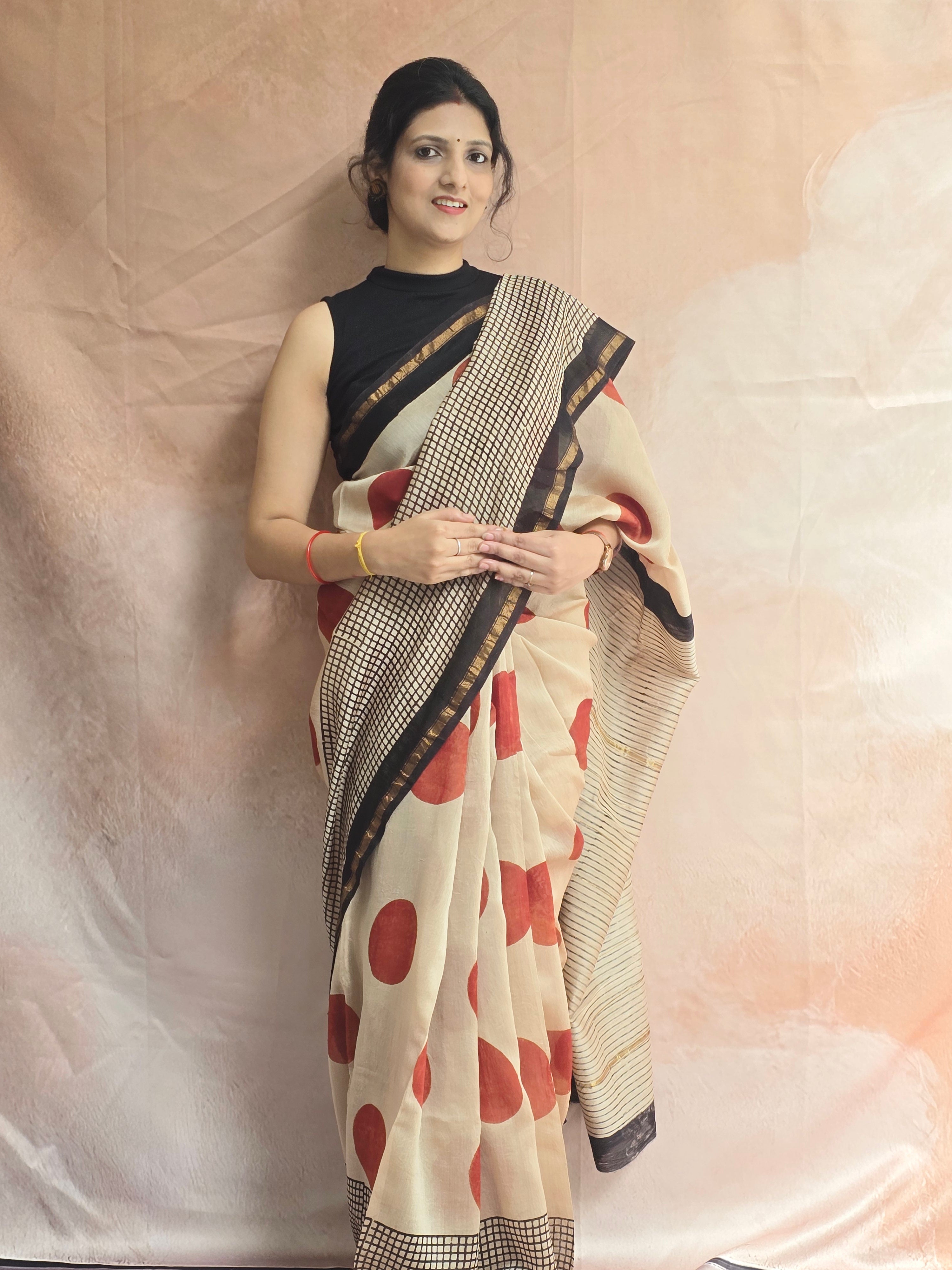 Hand block Printed Chanderi Silk Cotton Saree - Red Polka