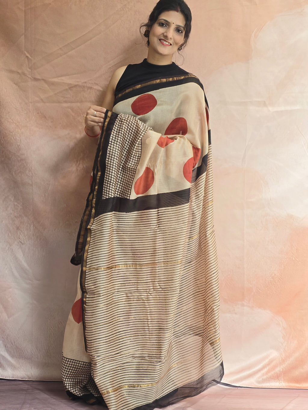 Hand block Printed Chanderi Silk Cotton Saree - Red Polka
