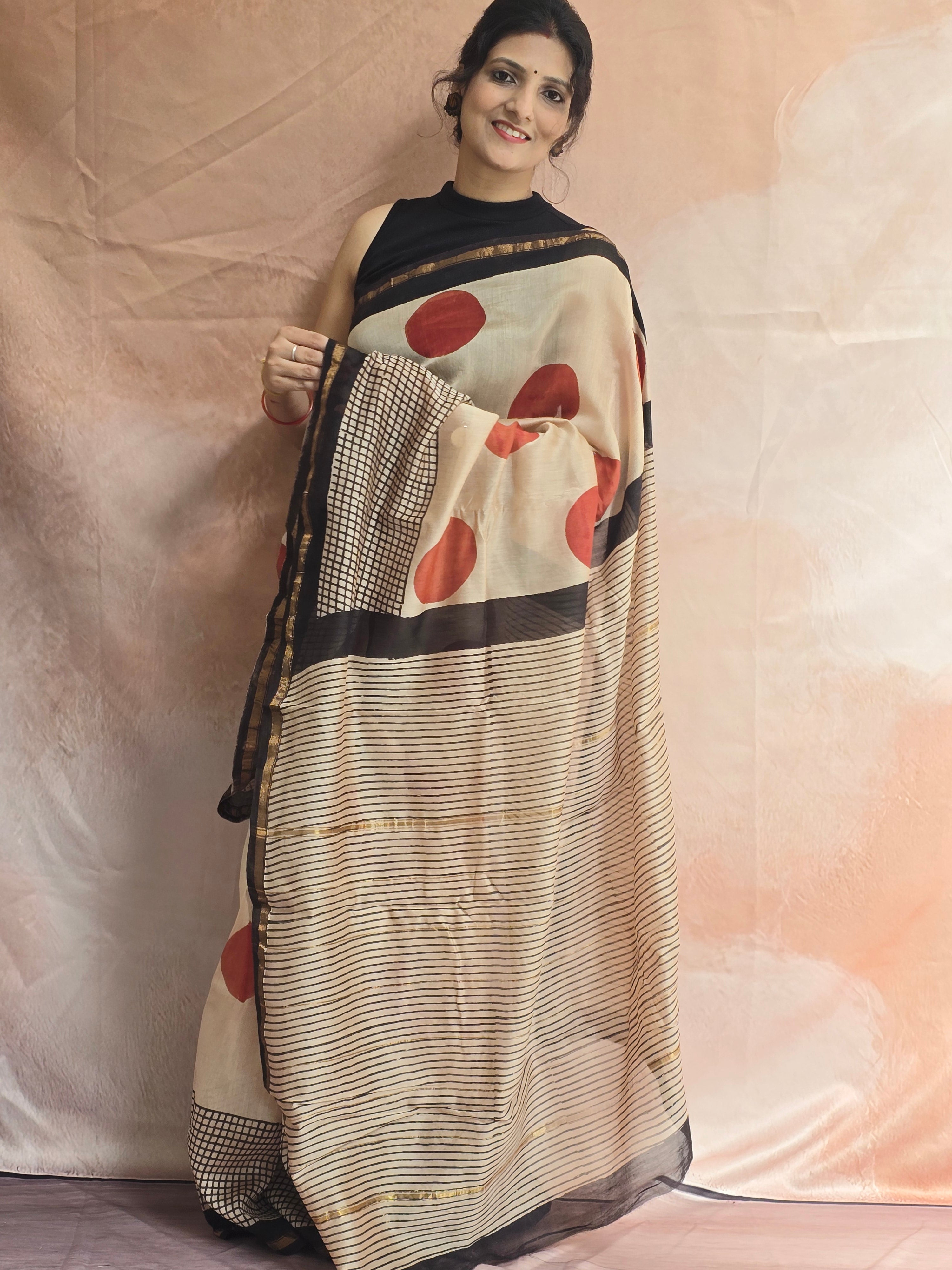 Hand block Printed Chanderi Silk Cotton Saree - Red Polka