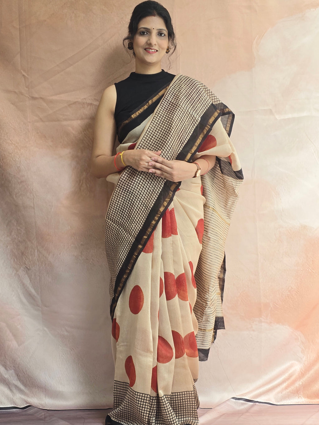 Hand block Printed Chanderi Silk Cotton Saree - Red Polka