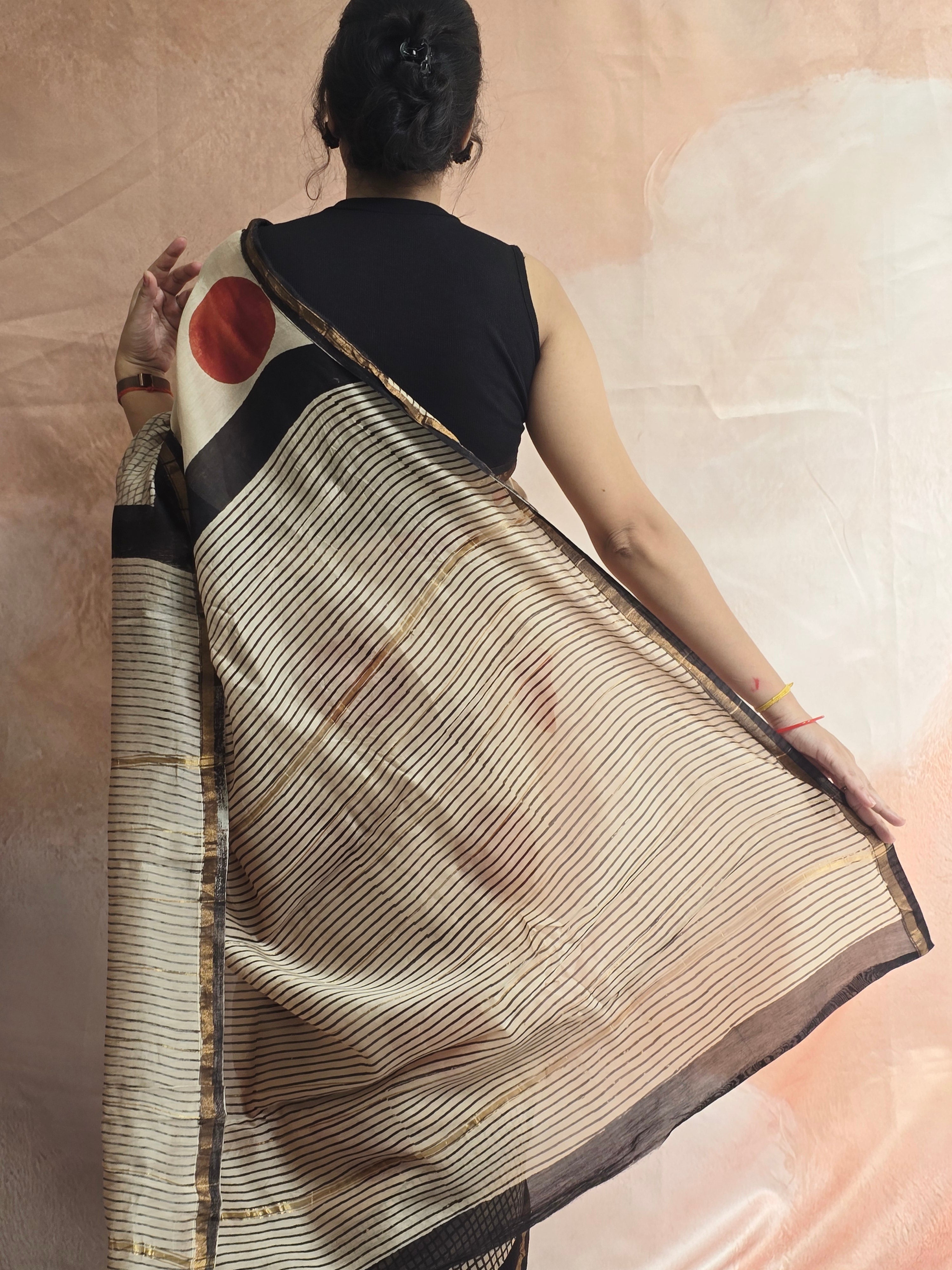 Hand block Printed Chanderi Silk Cotton Saree - Red Polka
