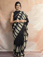 Hand block Printed Chanderi Silk Cotton Saree - Black Beige