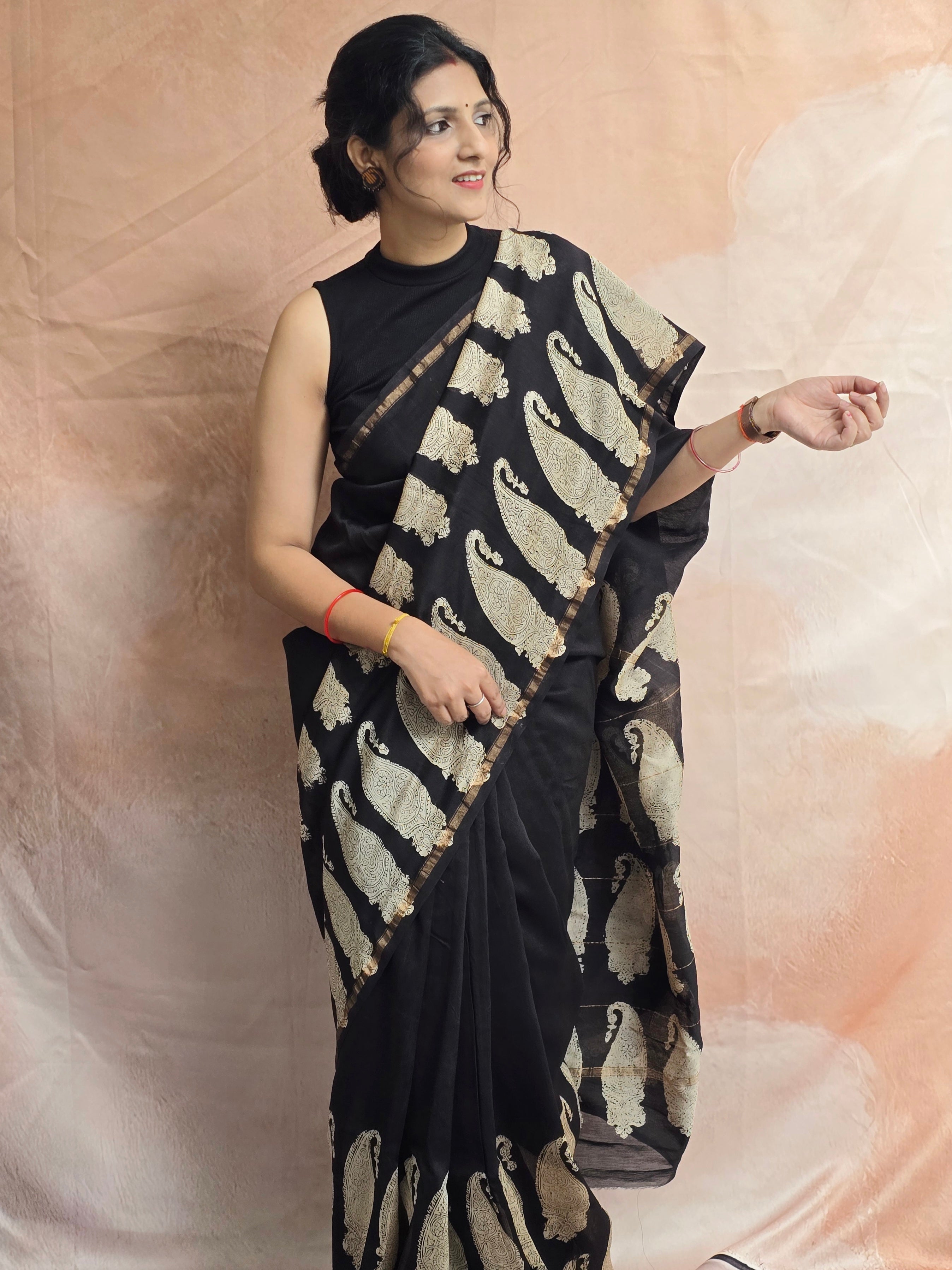 Hand block Printed Chanderi Silk Cotton Saree - Black Beige