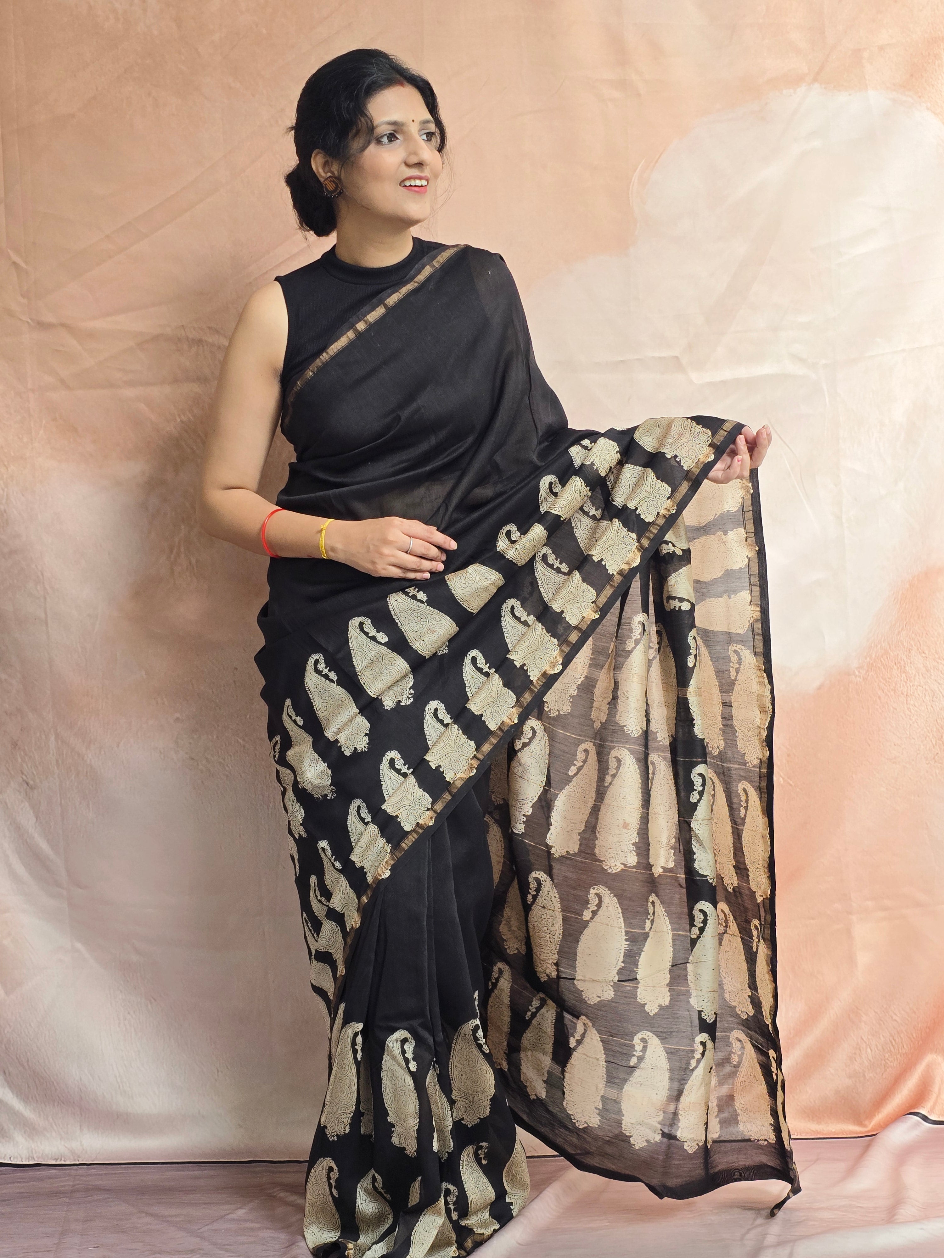 Hand block Printed Chanderi Silk Cotton Saree - Black Beige