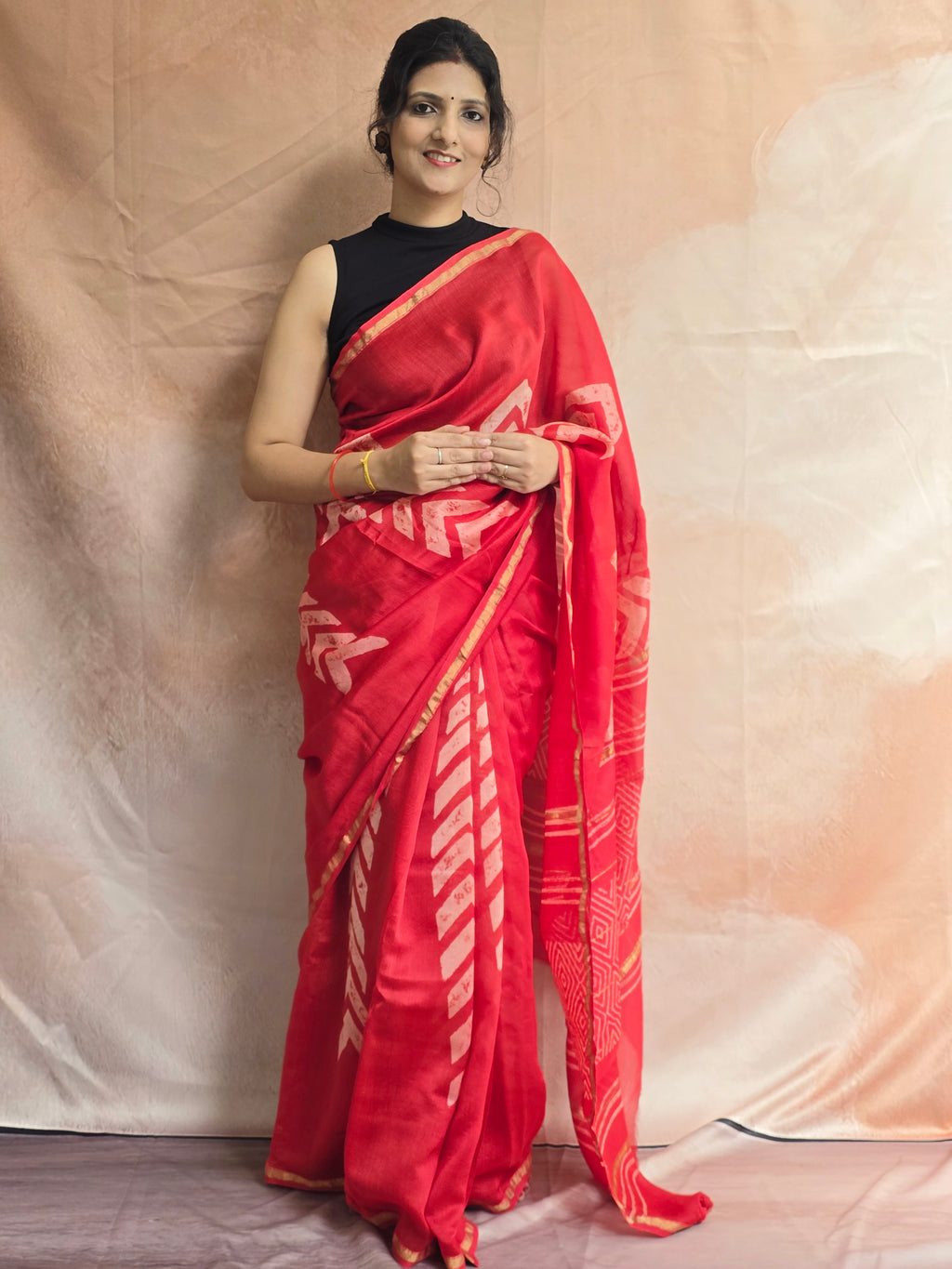 Hand block Printed Chanderi Silk Cotton Saree - Red